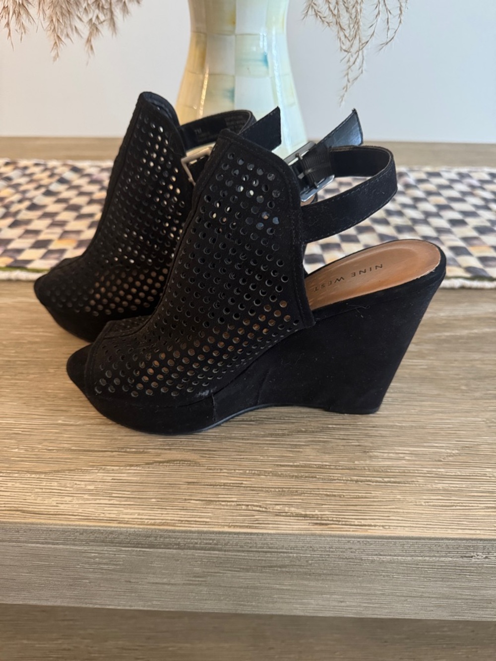 Nine West Black Perforated Suede Slingback Wedges